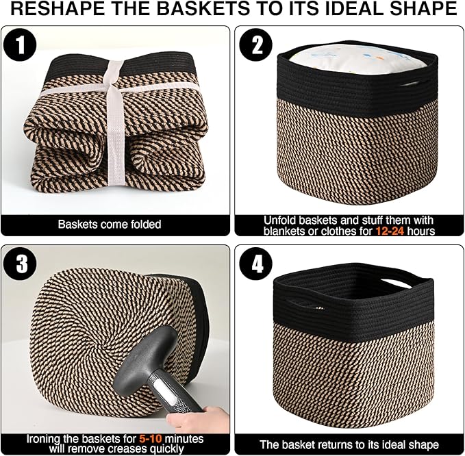 11 Inch Cube Storage Bins, Storage Cube Organizer Bins, Woven Cotton Rope Baskets for Storage, Storage Basket for Organizing Shelves, Square Baskets for Toys Nursery, Black & Jute (Pack of 3)-Ruum Studio Home