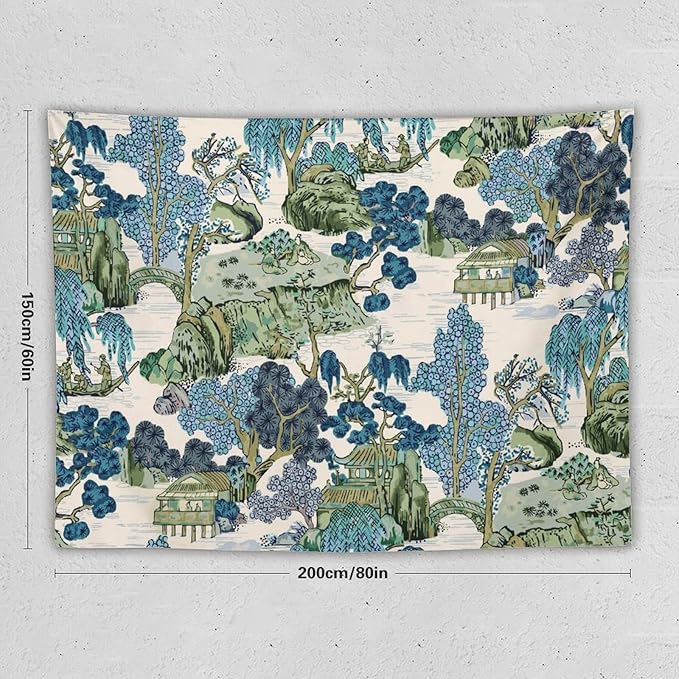 Chinoiserie Tapestry,Asian Watercolor Abstract Art Tapestry,Asian Japanese Wall Tapestry, Nature Landscape Tapestries for Bedroom Living Room Decor 80"x60"-Ruum Studio Home