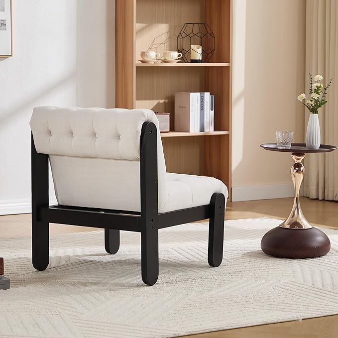 Modern Armless Accent Chair for Living Room, Beige Chenille Button Tufted Upholstered Lounge Reading Chair with Black Wood Frame-Ruum Studio Home