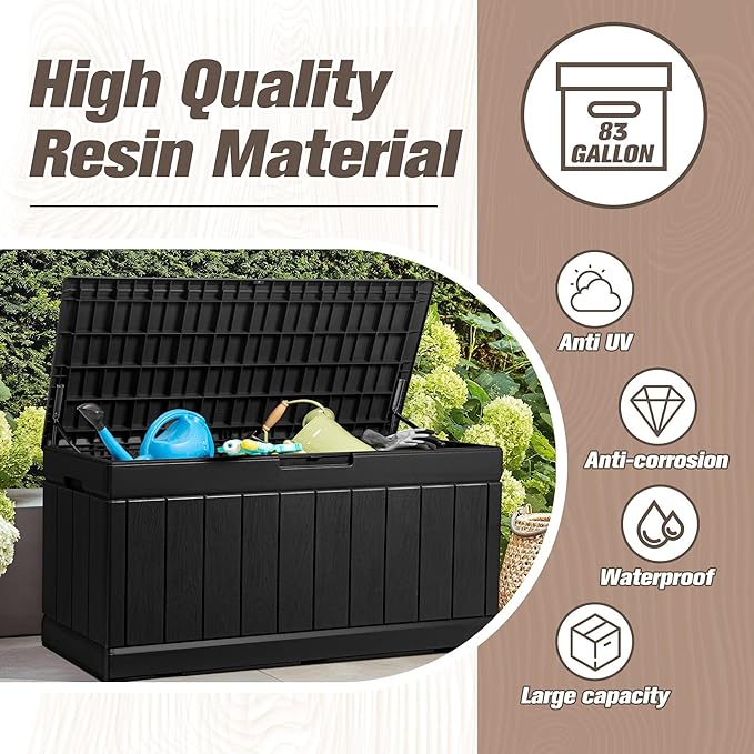 JUMMICO 83 Gallon Outdoor Deck Box Large Resin Storage Box for Patio Furniture Cushions and Garden Tools (Black)-Ruum Studio Home