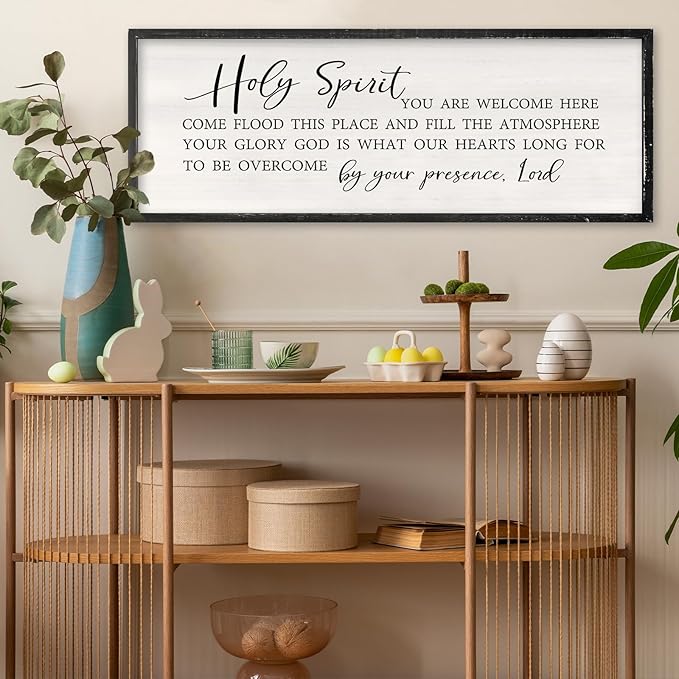 Holy Spirit You are Welcome Here Wall Decor Art 32x12 Inch Large Christian Song Bible Verse Plaque Wood Framed Sign Living Room Scripture Quote Religious For Office Wall Hanging (Black)-Ruum Studio Home