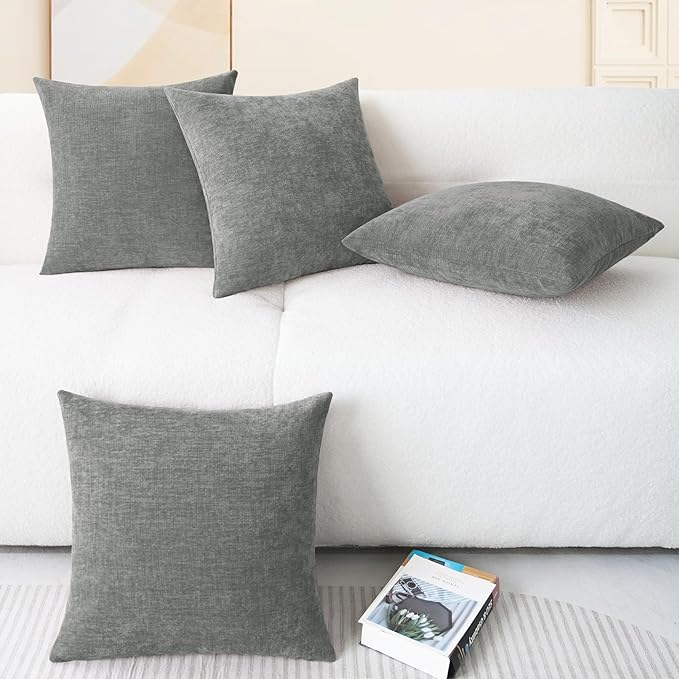 CaliTime Throw Pillow Covers Decorative 18 X 18 Inches Pack of 4 Cozy Chenille Cushion Cases for Couch Sofa Bed Living Room Home Medium Grey-Ruum Studio Home