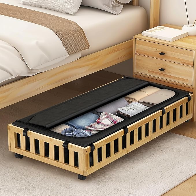 2 Pack Bamboo Under Bed Storage with Wheels, 39”x20”x7.8” Lager Under Bed Storage Containers (Natural)-Ruum Studio Home