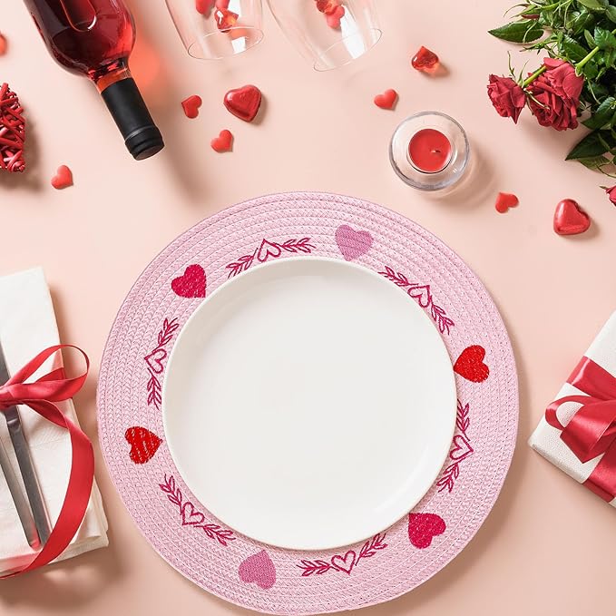 Whaline 4Pcs Round Valentine Placemats Red Pink Heart Embroidered Place Mats Decorative Dinner Table Mats for Home Wedding Anniversary Party Decor-Ruum Studio Home