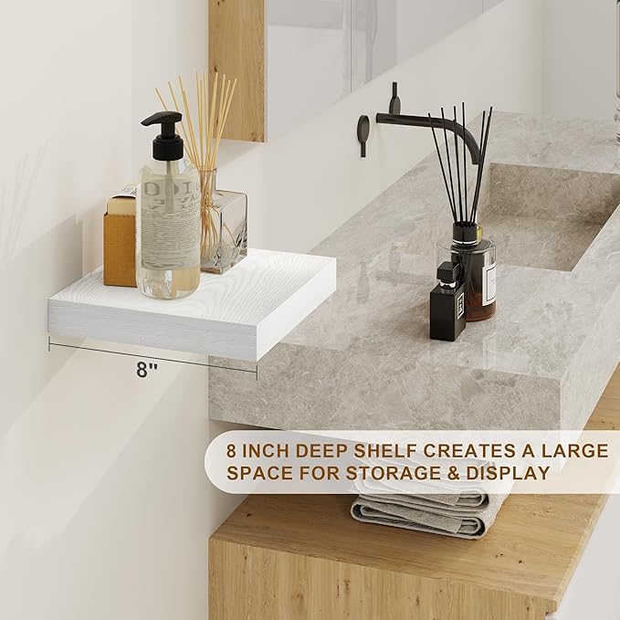 8 Inch Deep Floating Shelves White, Rustic Wood Floating Shelf for Home Decor, 8 x 8 Inch Square Wall Shelves, Wooden Storage & Display Shelves for Kitchen, Bathroom, Living Room, Set of 2-Ruum Studio Home