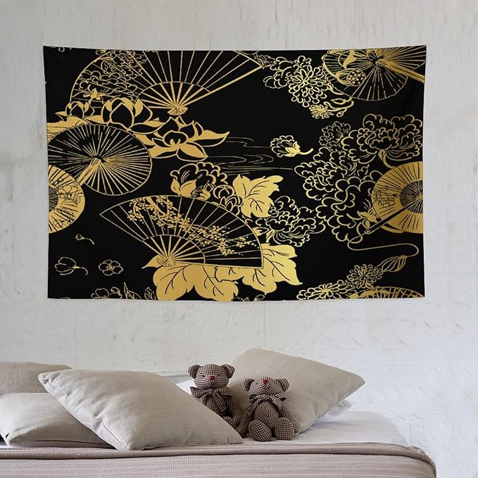 HZOHNAGO Japanese Tapestry Gold Flowers Umbrella Fan Pattern Printed Wall Tapestry Painting Wall Hanging for Bedroom Living Room Dorm 60" W x 40" H-Ruum Studio Home