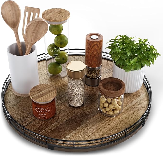 Acacia Wood 16" Lazy Susan Turntable Organizer for Table Top, Farmhouse Large Round Lazy Susan for Cabinet Kitchen Centerpieces Dining Table, for Condiments Charcuterie, Bathroom Vanity Tray Decor-Ruum Studio Home