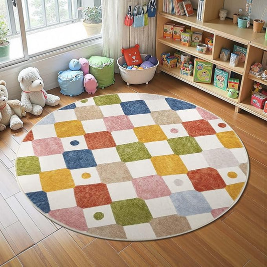 jinchan Round Rug 5ft Kids Washable Rug Indoor Floor Cover Non-Slip Soft Elementary School Classroom Modern Colorful Diamond Carpet for Nursery Daycare Bedroom Playroom Living Room Circus on Cream-Ruum Studio Home