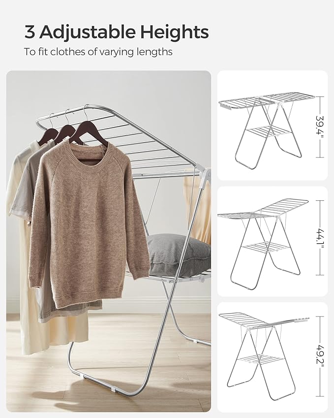 SONGMICS Clothes Drying Rack, with Sock Clips, Metal Laundry Rack, Foldable, Space-Saving, Free-Standing Airer, with 2 Height-Adjustable Gullwings, Indoor Outdoor Use, Silver and White ULLR052W01-Ruum Studio Home