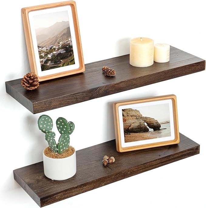Floating Shelves for Wall Decor, 8 Inch Deep Rustic Solid Elm Wood Floating Shelves Wall Mounted, Wall Shelves with Invisible Bracket for Living Room Bathroom Bedroom Kitchen, 24 Inch Set of 2, Walnut-Ruum Studio Home