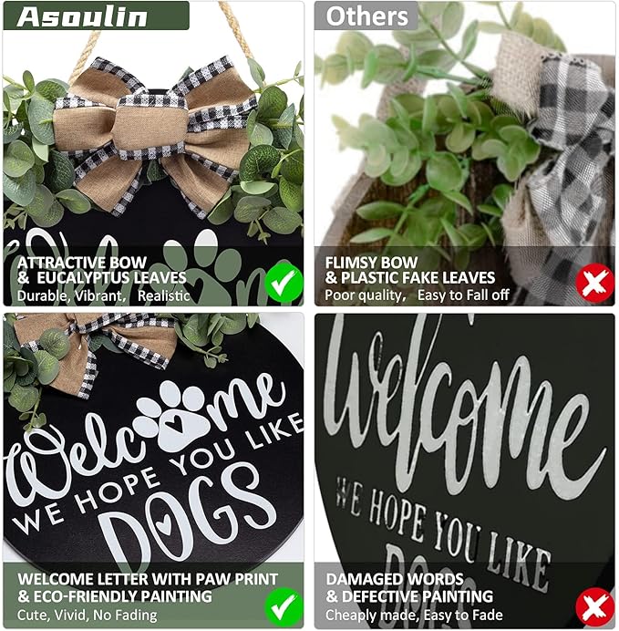 Welcome We Hope You Like Dogs Farmhouse Door Sign for Front Door Porch Decor with Eucalyptus Leaves & Buffalo Bow - Welcome Wreath Sign Hanging for Dogs Lovers Spring Summer Decor Housewarming Gift-Ruum Studio Home