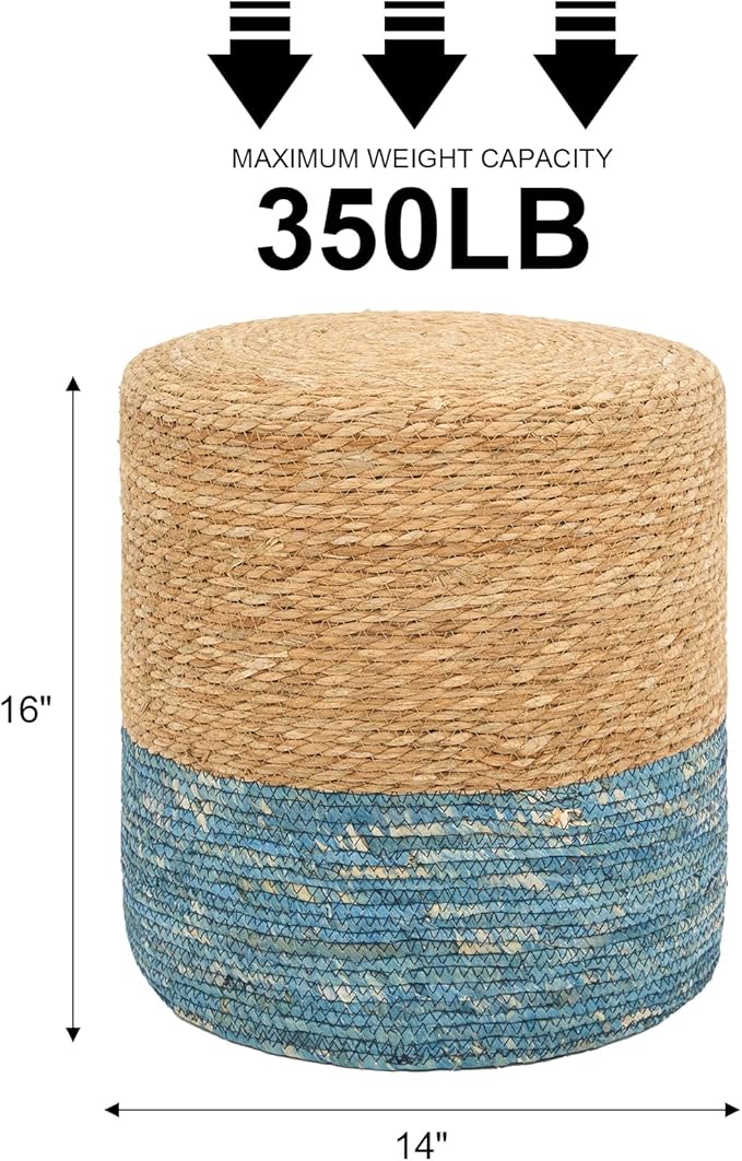 16'' Round Ottoman Natural Seagrass Braided Poof Hand Weaving Round Ottomans Boho Footrest Stool for Home Living Room Bedroom Patio(Natural&Blue)-Ruum Studio Home