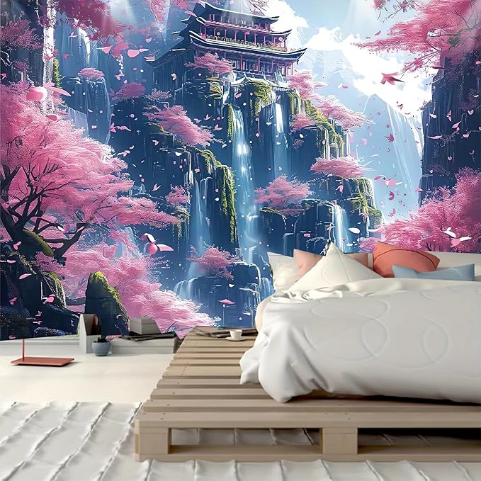 FENDROM Japanese Aesthetic Pink Cherry Blossom Tree Tapestry Building On Mountains Waterfall River Fairytale World Asian Art Tapestry for Bedroom Living Room-Ruum Studio Home