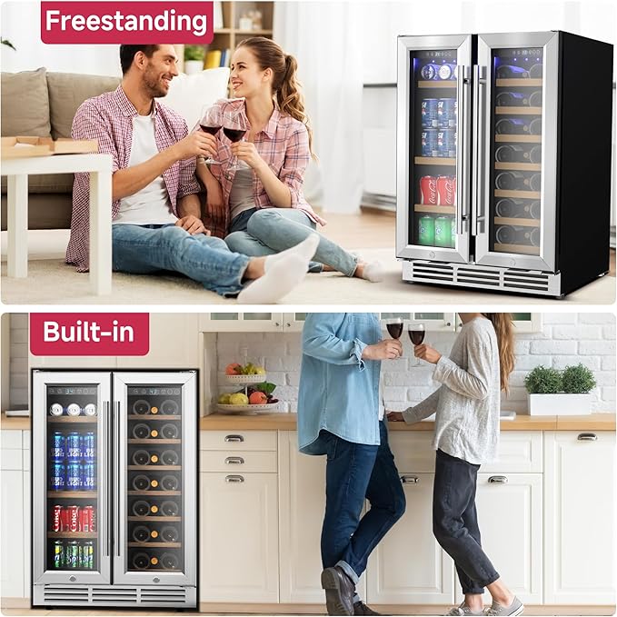 24" Wine and Beverage Refrigerator, Dual Zone Wine Cooler with Glass Door, Hold 88 Cans & 21 Bottles, Built in or Freestanding Under Counter Wine Fridge with Blue LED Light.-Ruum Studio Home