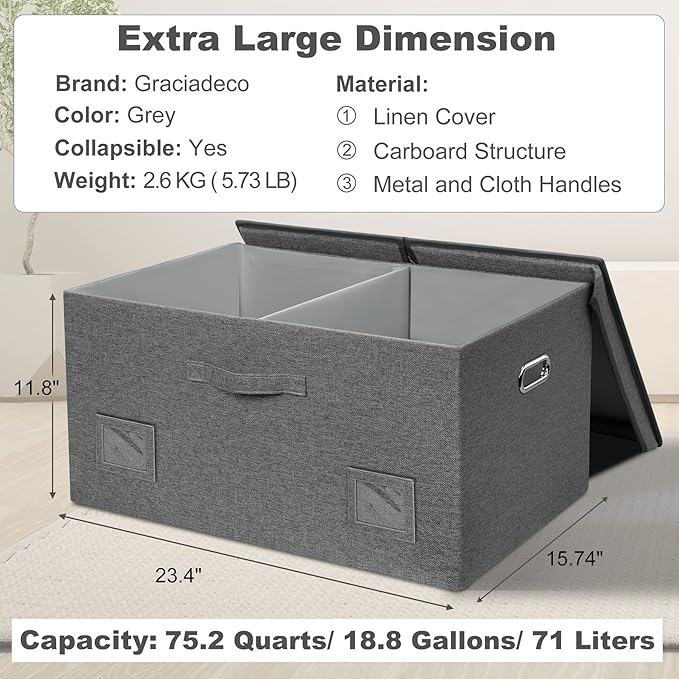 75 Quarts Extra Large Decorative Storage Bins with Lids, 3 Packs Gray Collapsible Storage Bins with Lids, Stackable Storage Bins Decorative Box Storage With Lid Extra Large-Ruum Studio Home