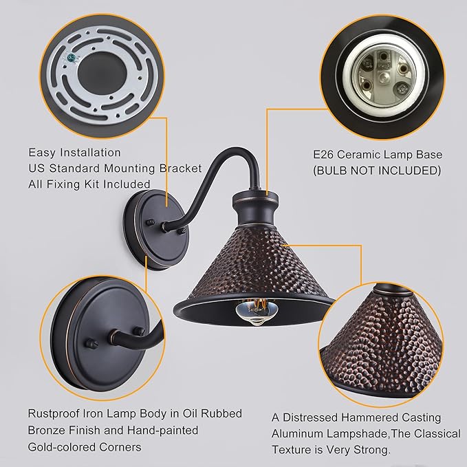Gooseneck Outdoor Wall Light Fixtures, 2-Pack Farmhouse Barn Lights for Porch, Industrial Oil-Rubbed Bronze Exterior Wall Sconce for Garage, Patio, E26 Base Anti-Rust, Bulb not Included-Ruum Studio Home