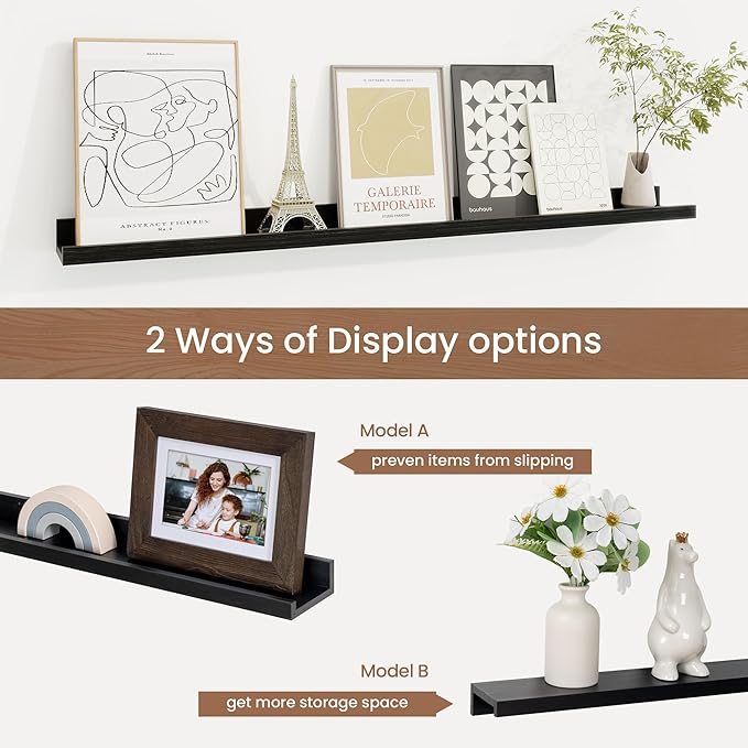 Picture Ledge Shelf, Solid Pine Wood Floating Shelves Set of 2, 36 Inches Nursery Book Shelves for Toys Storage, Kids Bookshelf Wall Mounted for Living Room Bedroom Decor Books Photo Frames, Black-Ruum Studio Home