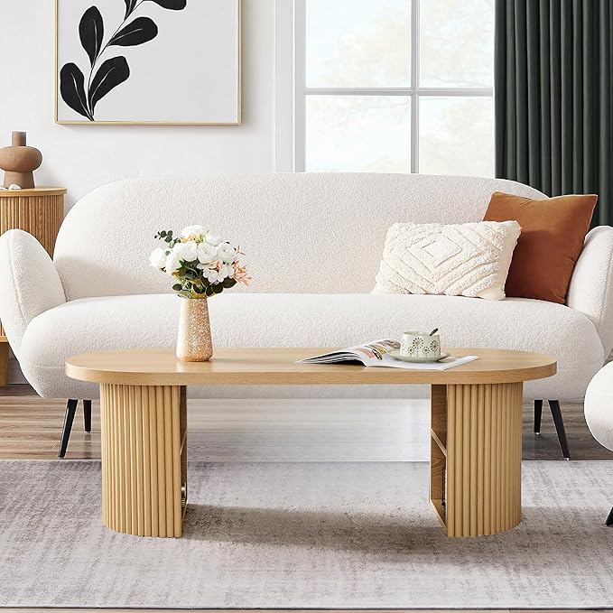 Oval Fluted Coffee Table, 47" Farmhouse Wood Coffee Table Mid Century Modern Center Table Boho Living Room Tables for Living Room Office,Natural-Ruum Studio Home