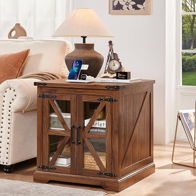 24" End Table Set of 2 with Charging Station, Farmhouse Night Stand with Glass Barn Door, Nightstands with Adjustable Storage Shelf, Large Wood Square Bed Side Table for Living Room,Bedroom-Ruum Studio Home