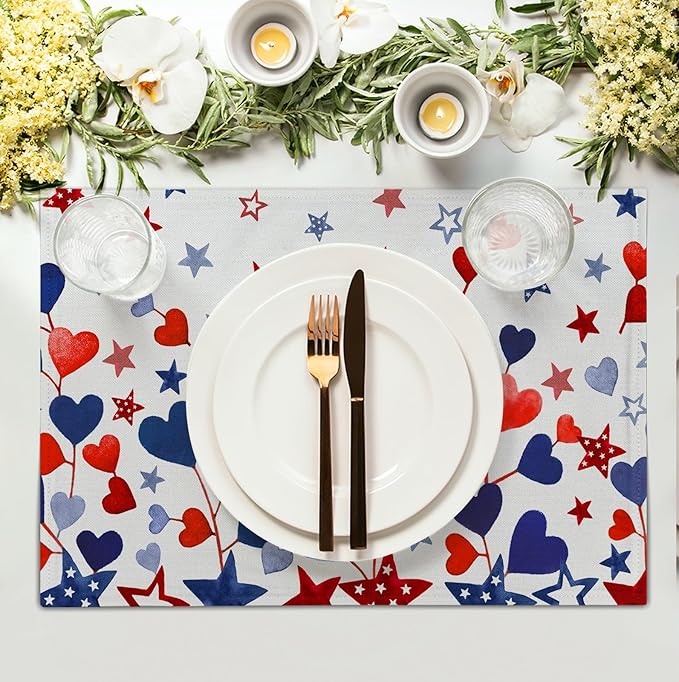 Red Blue Heart Stars 4th of July Placemats Set of 4 Patriotic America Independence Memorial Day Linen Table Mats 12x18 Inch Washable Place Mats for Party Kitchen Dining Outdoor Indoor Decor-Ruum Studio Home