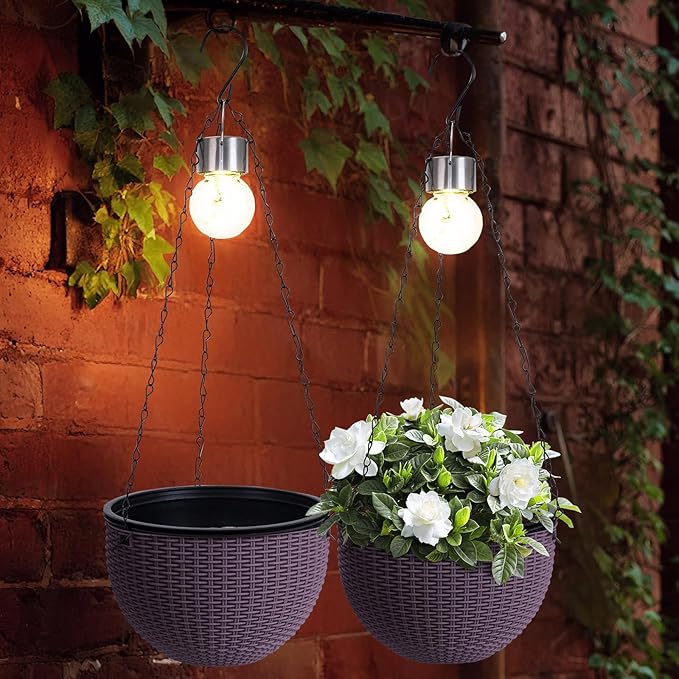 Hanging Planters for Outdoor Plants,2 Pack Coffee Artificial Rattan Solar Hanging Baskets with Drainage Holes & Removable Tray,Hanging Flower Pots Gardening Gifts for Women/Mothers-Ruum Studio Home