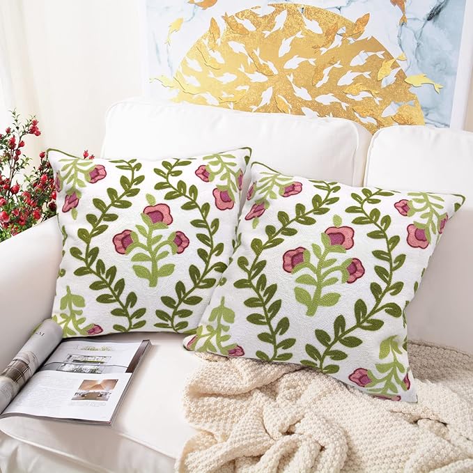 Alysheer Floral Embroidered Summer Decorative Throw Pillow Covers 18"x 18" Set of 2, Farmhouse Cottage Pink Flowers Green Leaves Knit Pattern Cotton Canvas Cushion Case for Sofa Couch Bed Living Room-Ruum Studio Home