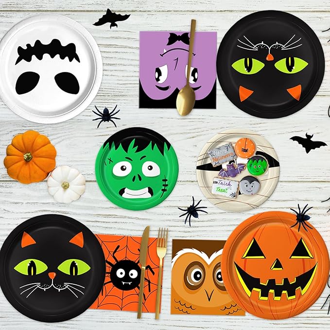 105PCS Halloween Paper Plates Ghosts Pumpkin Skull Spider Web Design for Halloween Party Decorations Supplies, Serves 30-Ruum Studio Home
