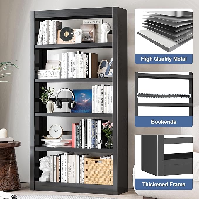 Metal Bookshelf Adjustable - 61" Tall Black Bookcase, 5 Tier Book Shelf, Tooless Assembly Book Case, Modern Bookshelves and Bookcases for Home Office, Living Room, Bedroom, Library-Ruum Studio Home