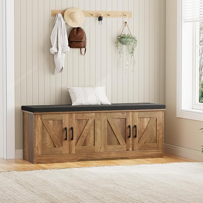 2-Tier Storage Bench, Shoe Bench with Padded Seat Cushion, Entryway Bench with 4 Barn Doors, Adjustable Shelf, 13.8" D x 47.2" W x 17.7" H, for Entryway, Living Room, Bedroom, Rustic Walnut-Ruum Studio Home