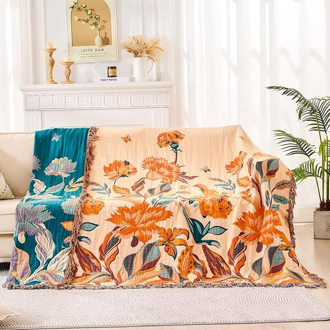 Boho Throw Blanket for Bed, 100% Cotton Soft Rustic Quilt Fall Blanket, 90"x98" Floral Printed Farmhouse Decor Bed Blankets, All Season Rustic Reversible Bohemian Throw Quilt-Ruum Studio Home