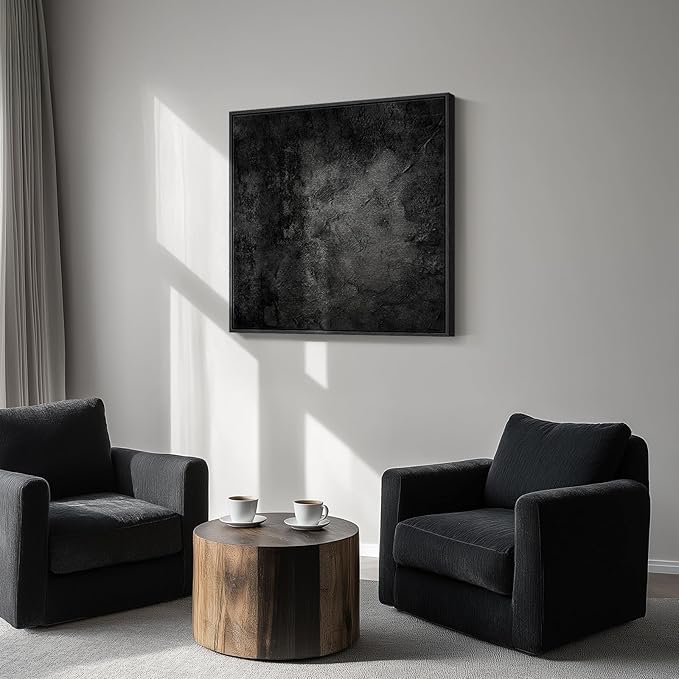 Framed Black Abstract Wall Art, Modern Canvas Prints Paintings Artwork for Walls, Square Minimalist All Black Pictures for Living Room, Hallway, Fireplace, Bedroom, Office, Bathroom Wall Decor-Ruum Studio Home