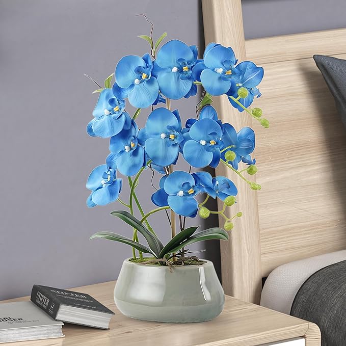 Orchid Artificial Flowers with Gray Vase Large Silk Faux Phalaenopsis Flowers for Dining Room Table Floral Centerpieces Indoor Decoration,Blue-Ruum Studio Home