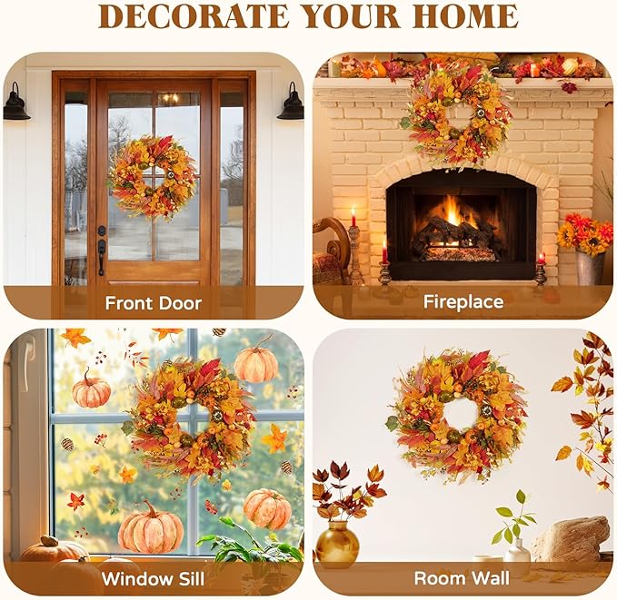 Fall Wreath for Front Door,24" Autumn Front Door Wreath Fall Decorations with Pumpkins Hydrangea Maple Leaves for Porch Window Farmhouse Halloween Thanksgiving Harvest Festival Home Decor-Ruum Studio Home