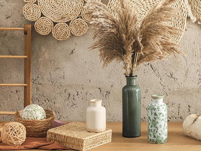 Vintage Vase Set of 3, Ceramic Vintage Flower Vases, Chinoiserie Decorative Home Decor Retro Floral Vase Rustic Farmhouse Decor for Table Bookshelf Mantel Kitchen Living Room Office - Green and Beige-Ruum Studio Home