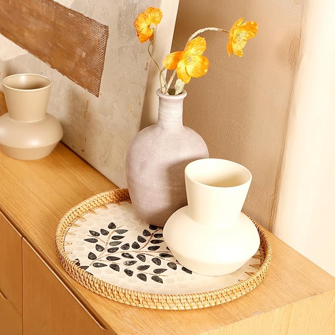 Round Rattan Tray with Mother of Pearl Inlay & Wooden Base - Decorative Wicker Serving Tray for Coffee/Bread/Fruits, Food Storage & Display - Multipurpose Home Decor (L,Little Tree)-Ruum Studio Home