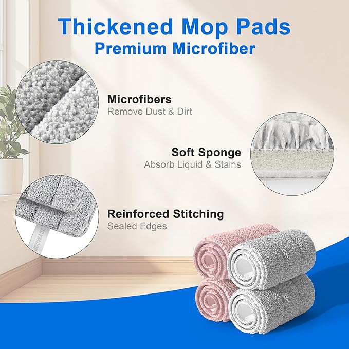 JOYMOOP Mop Replacement Pads, Reusable Microfiber Mop Pads for 13-inch Flat Mop and Mop Bucket Set, Pack of 4 Refills - Grey and Pink-Ruum Studio Home