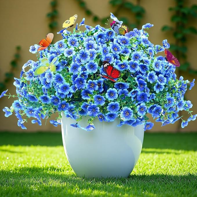 ‌20 Bundles Artificial Flowers for Outdoors‌ with 6 Faux Butterflies, UV Resistant ‌Fake Flowers‌ with Eucalyptus Leaves, ‌Artificial Plants Outdoor‌ for Patio Garden Porch Home Decor (Blue)-Ruum Studio Home