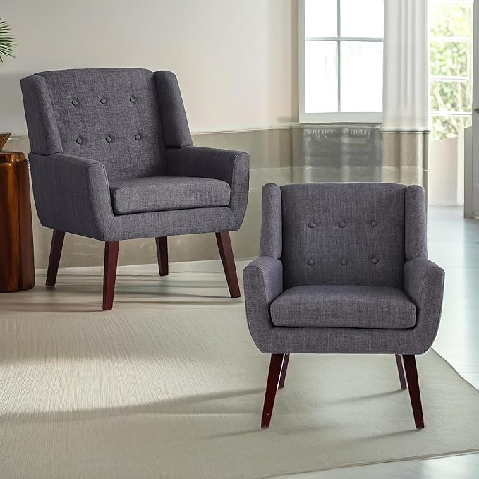 HUIMO Button-Tufted Accent Chairs Set of 2,Upholstered Reading Living Room Chair,Mid Century Modern Chair with Linen Fabric, Club Chair,Comfy Arm Chairs for Living Room,Bedroom,Grey-Ruum Studio Home