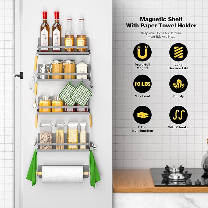 Magnetic Spice Rack Moveable Magnetic Shelf Organizer with Paper Towel Holder Kitchen Refrigerator Seasoning Storage Rack Fridge Magnet Organizer,Grey,3 Packs-Ruum Studio Home