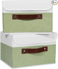 ANMINY 2PCS Storage Boxes with Lid Washable Decorative Storage Bins Basket with PU Leather Handle Foldable Linen Fabric Storage Cubes Containers for Home Closet Organizer - Green White, Small Size-Ruum Studio Home