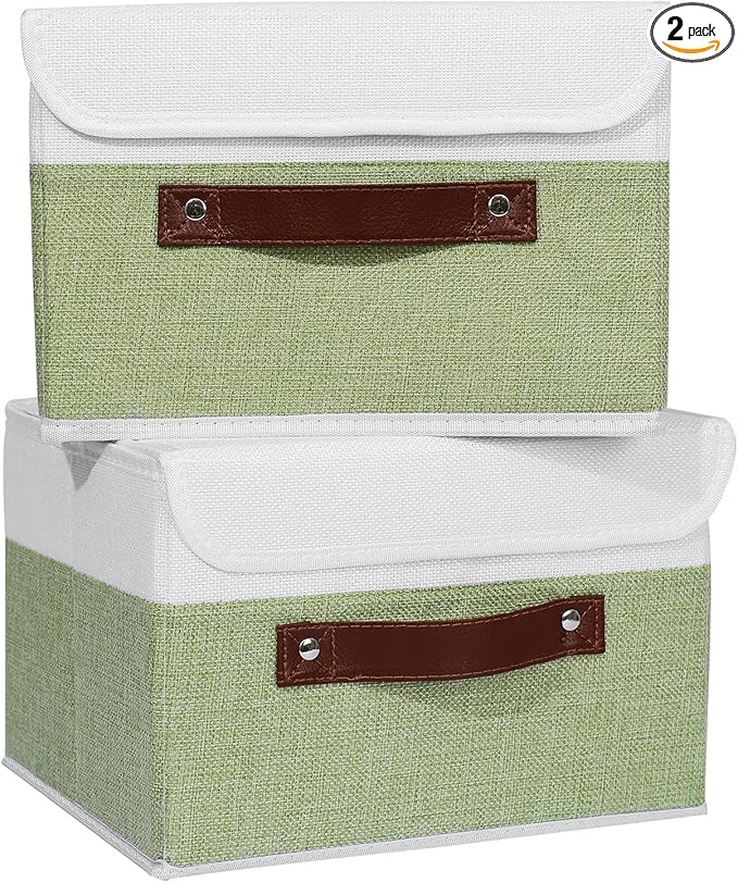 ANMINY 2PCS Storage Boxes with Lid Washable Decorative Storage Bins Basket with PU Leather Handle Foldable Linen Fabric Storage Cubes Containers for Home Closet Organizer - Green White, Small Size-Ruum Studio Home