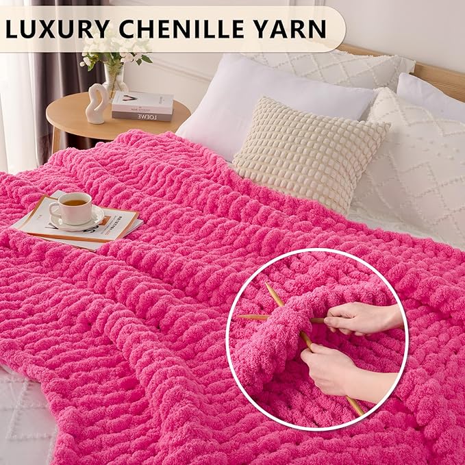 L'AGRATY Chunky Knit Blanket Throw: 50''x60'' Chenille Chunky Knitted Throw Blanket for Bed Couch - Handmade Thick Big Cable Knit Blankets - Large Crochet Rope Blanket for Home Decor(Hot Pink)-Ruum Studio Home