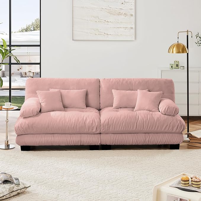 Loveseat Modular Sectional Sofa, Cloud Couch 2 Seater Sectional Couch Home Sofa Living Room Oversized Couch, Modern Deep Seat Couch with Chaise with Round Bolster Armrests 4 Pillows(Pink)-Ruum Studio Home
