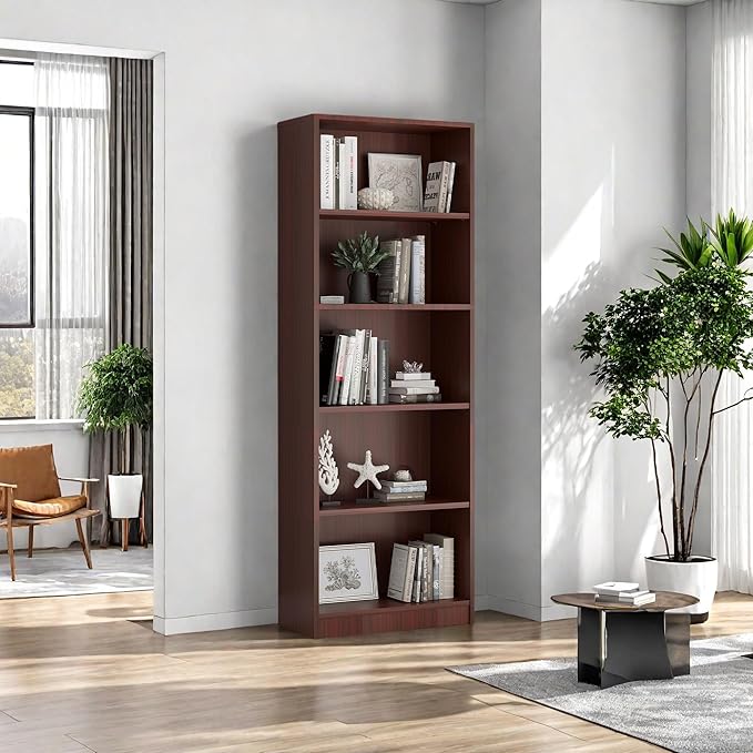 Bookshelf, Open Modern Bookshelf, 5 Shelf Bookcase with Freestanding Display Storage, Wooden Book Shelf for Bedroom, Living Room, Dinning Room, Office,Brown-Ruum Studio Home