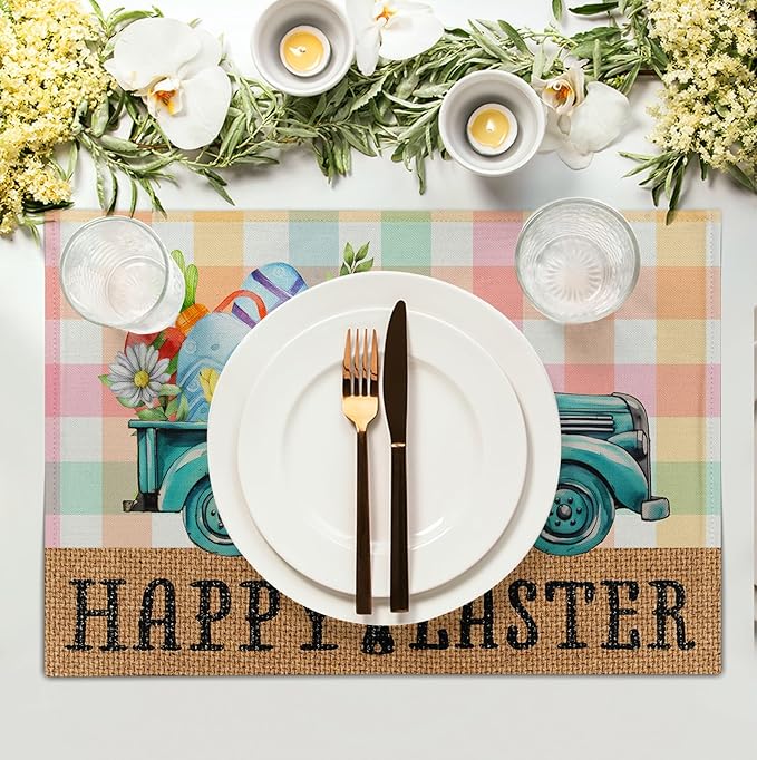 Happy Easter Placemats Set of 4 Pink Yellow Blue Buffalo Plaid Truck Eggs Daisy Easter Table Mats Spring Seasonal Linen Place Mat Washable Place Mats for Party Kitchen Dining Outdoor Indoor Decor-Ruum Studio Home