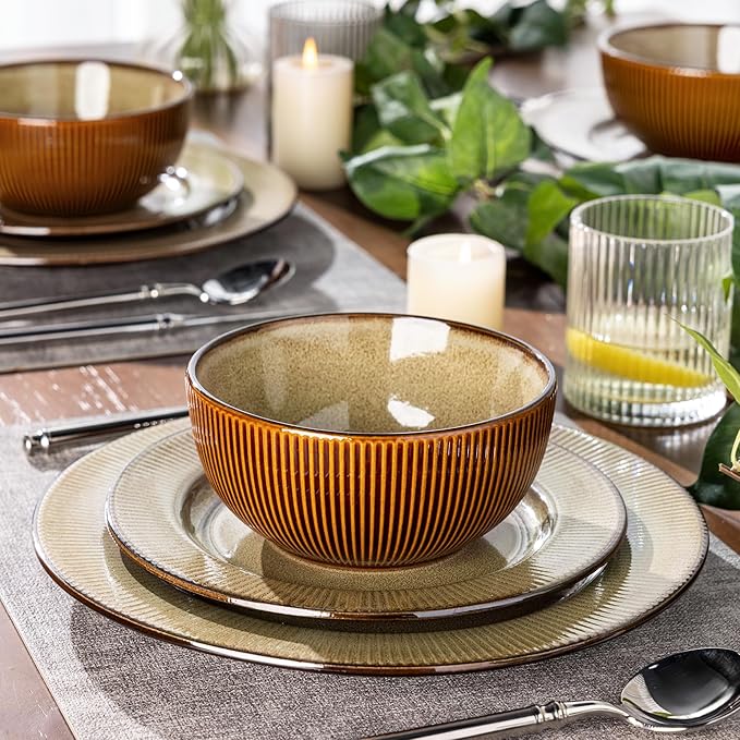 GBHOME Ceramic Dinnerware Sets,12 pcs Embossed Elegant Stoneware Plates and Bowls Sets, Housewarming Wedding Gift | Dishwasher & Microwave Safe | Dishes Set Service for 4-Ruum Studio Home