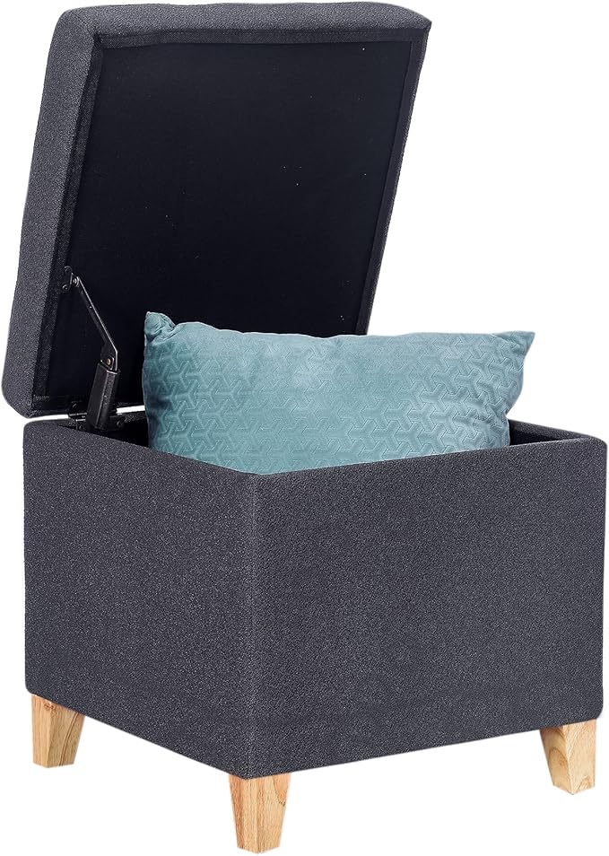 Adeco Fabric Storage Ottoman Bench with Solid Wood Legs, 17.7" Square Dark Grey Cotton Linen Cube Foot Stool, Upholstered Button Tufted Vanity Chair with Hinged Lid for Living Room, Bedroom, Dorm-Ruum Studio Home