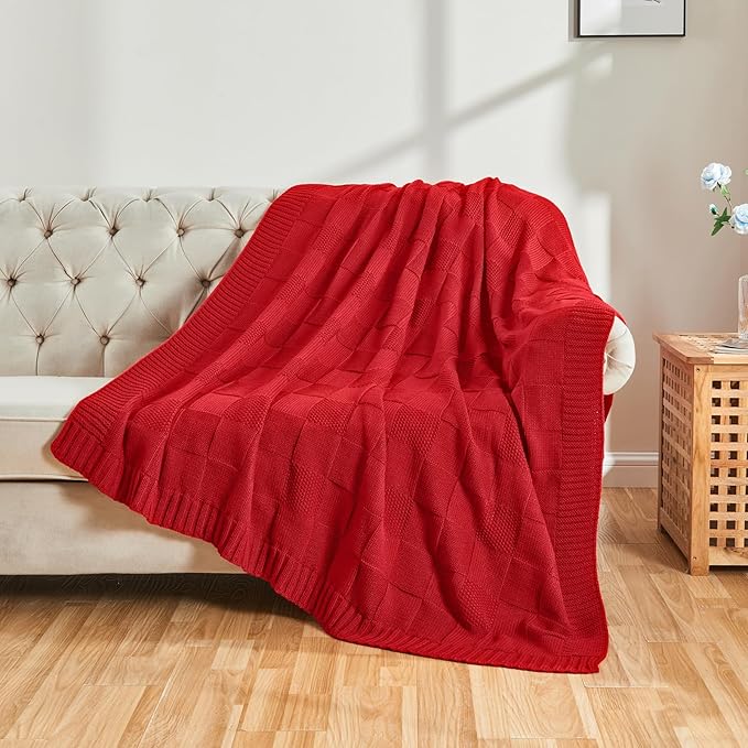 CozeCube Knit Throw Blanket,Christmas Red Checkered Bedroom Blanket for Couch,Soft Cozy Warm Knitted Blanket for Bed Sofa Living Room,Decorative Spring Fall Throw Blanket 60"X80",Christmas Red-Ruum Studio Home