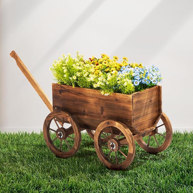 Wood Wagon Planter for Outdoor Balcony Decor - Garden Rustic Wooden Flower Cart with Wheels for Outside - Garden Decor - Amish Decorative Indoor - Wheelbarrow Planter for Patio-Ruum Studio Home