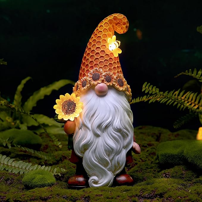 Garden Gnomes Outdoor - Sunflower Gnome Statue with Solar LED Lights for Yard, Patio, Lawn Ornaments - Best Garden Gifts for Mothers Day, Housewarming, Festival-Ruum Studio Home